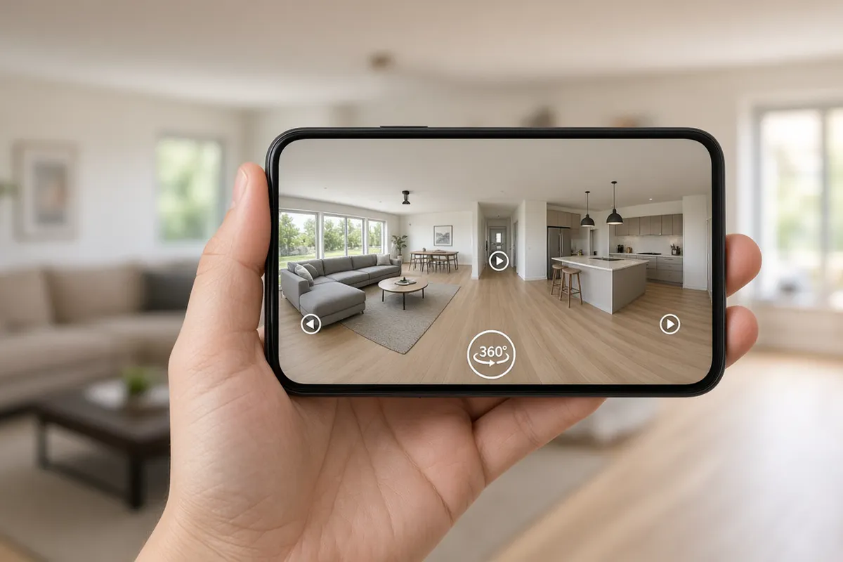 Hand holding a phone showing a 360-degree walkthrough of a living room, like a Zillow 3D Home tour