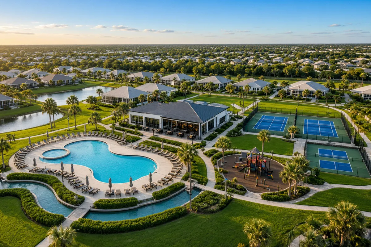 Drone aerial of a community amenity center with pool, lazy river, clubhouse, tennis courts and playground