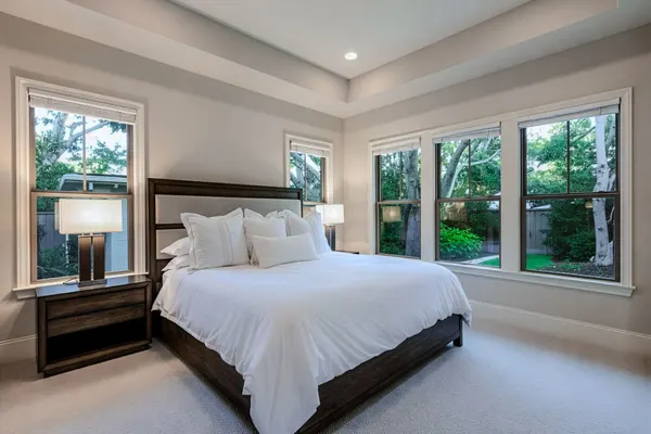 Master bedroom with tray ceiling and serene garden window views